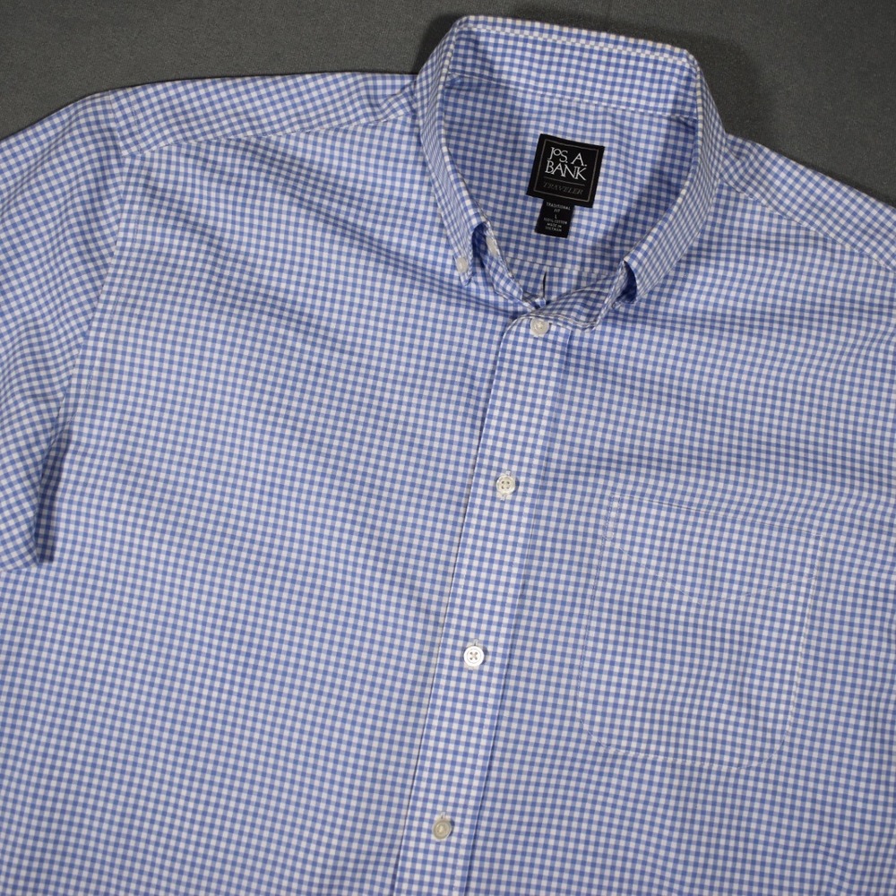 Jos A Bank Travelers Short Sleeve Casual Button Down Gingham Print Blue Large